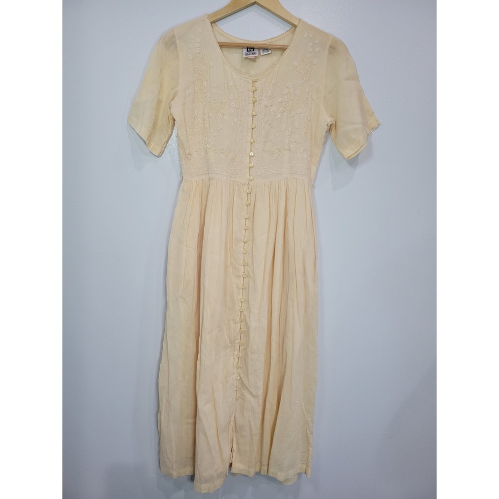 Together! Vintage Cream Embroidered Button Front Midi Dress Boho Pockets Medium